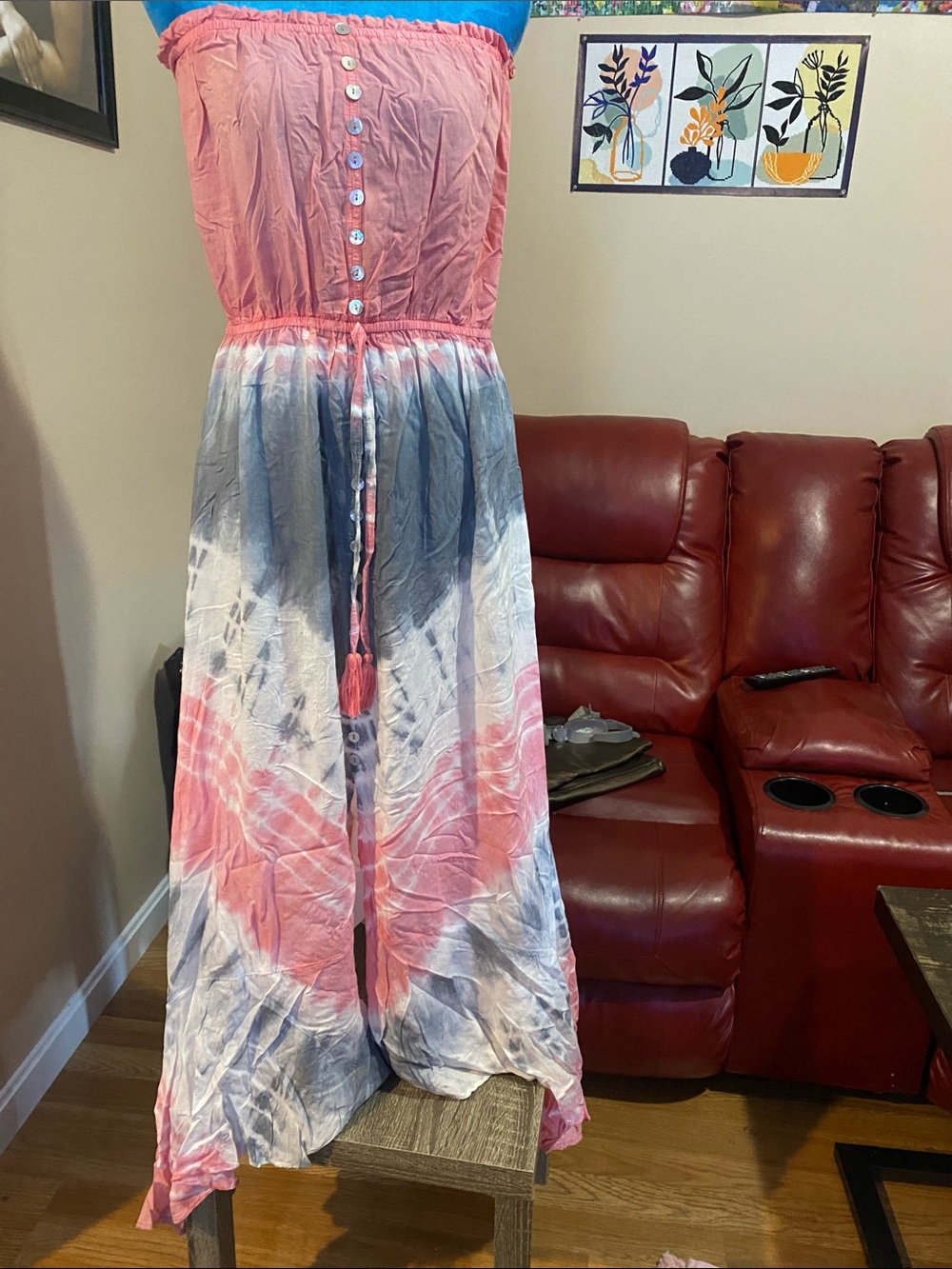 Elan Pink and Blue Tie-Dye Strapless Maxi Dress with Buttons